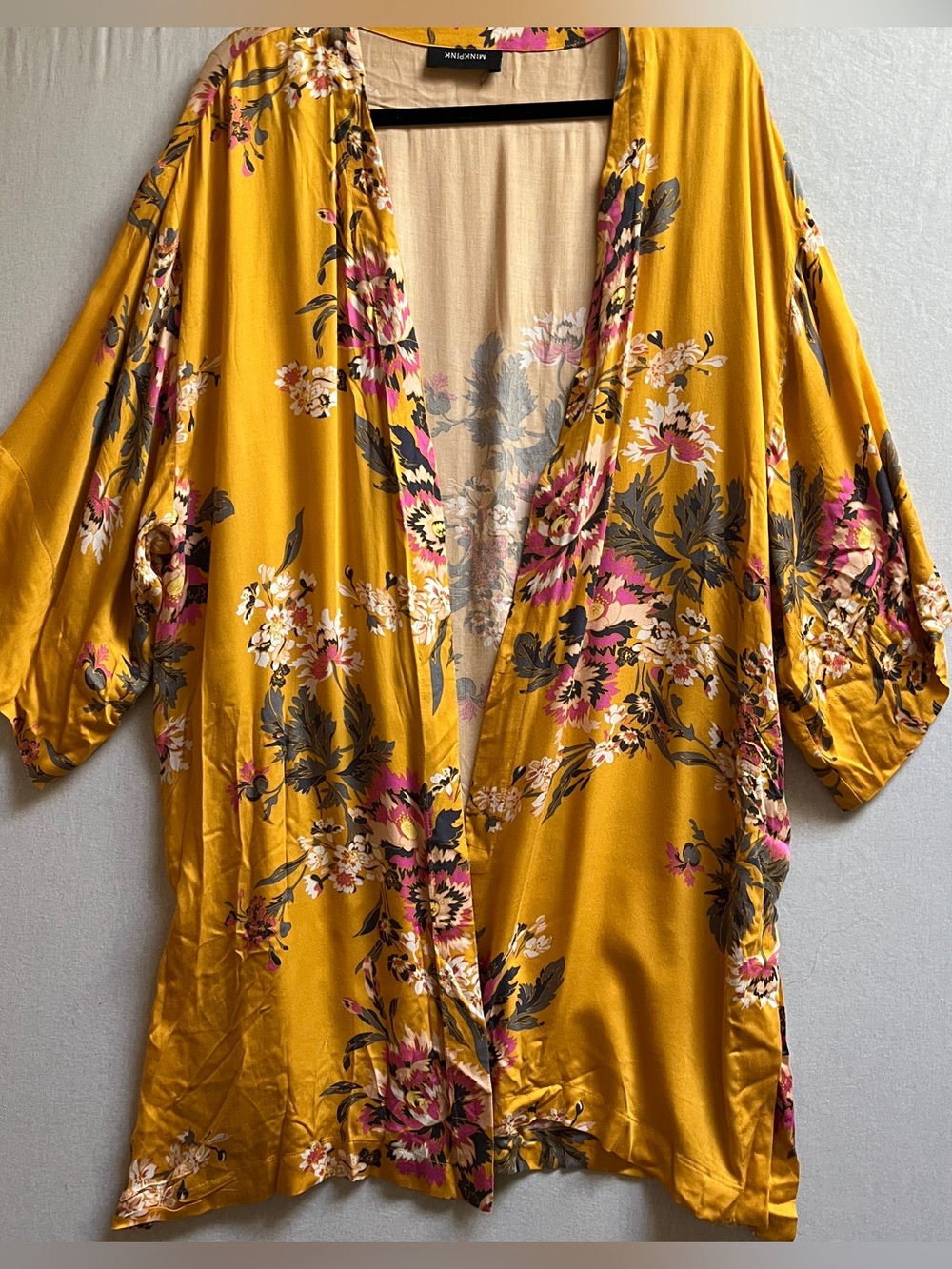 MINKPINK Floral Satin Open Front Kimono Duster Mustard Yellow One Size